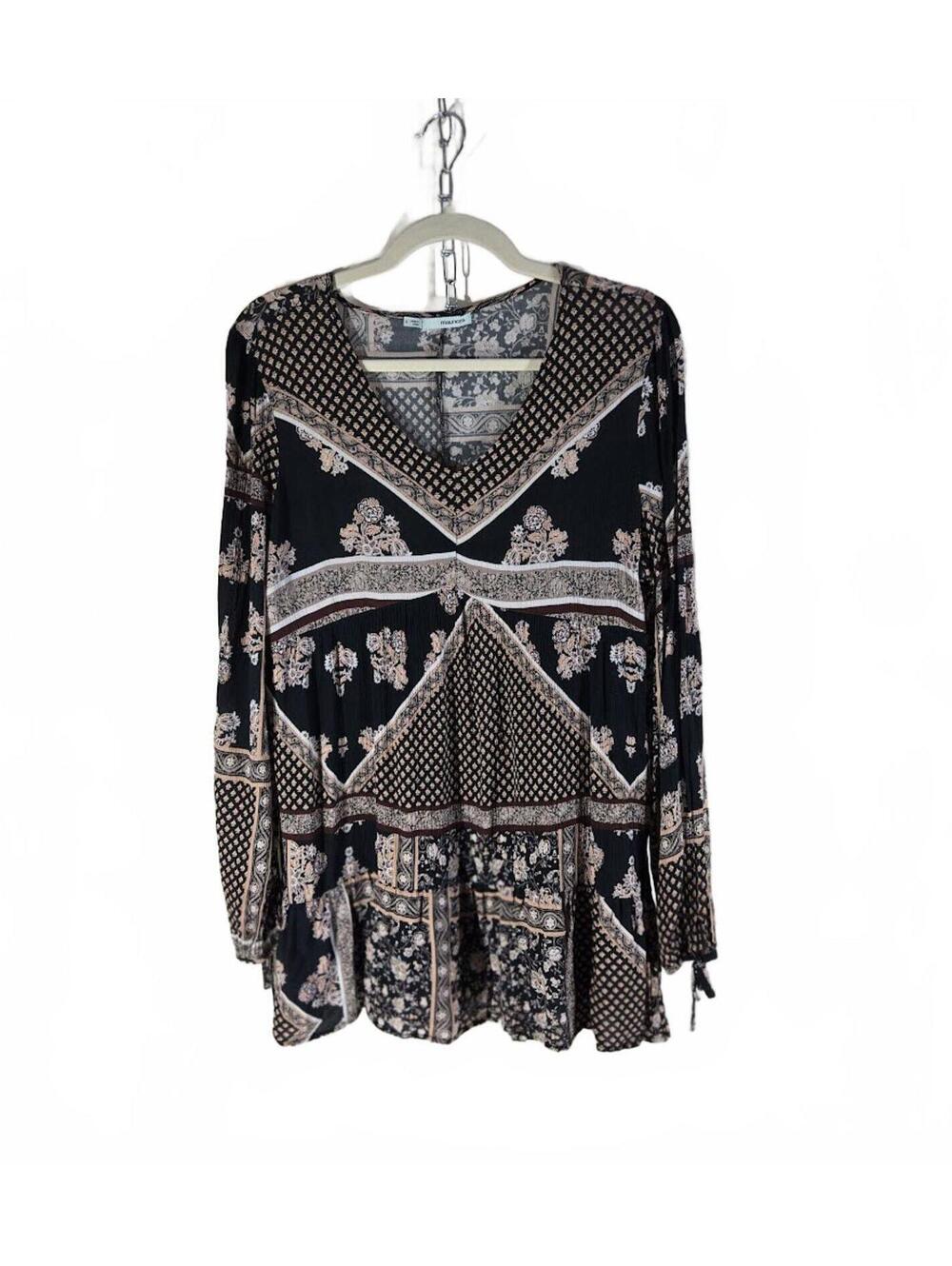 Maurices Black and Beige Floral Patchwork Long Sleeve Blouse Size S